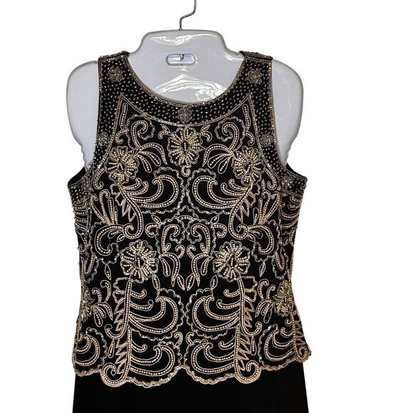 JKARA Gold Embellished Bodice A-Line Beaded Chiffon Long Dress Black Women's 8 - Picture 4 of 16